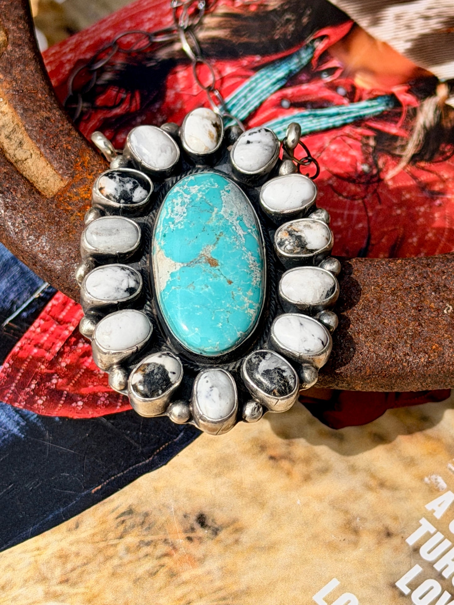 Native Made White Buffalo and Turquoise Cluster Necklace by Sheila Becenti