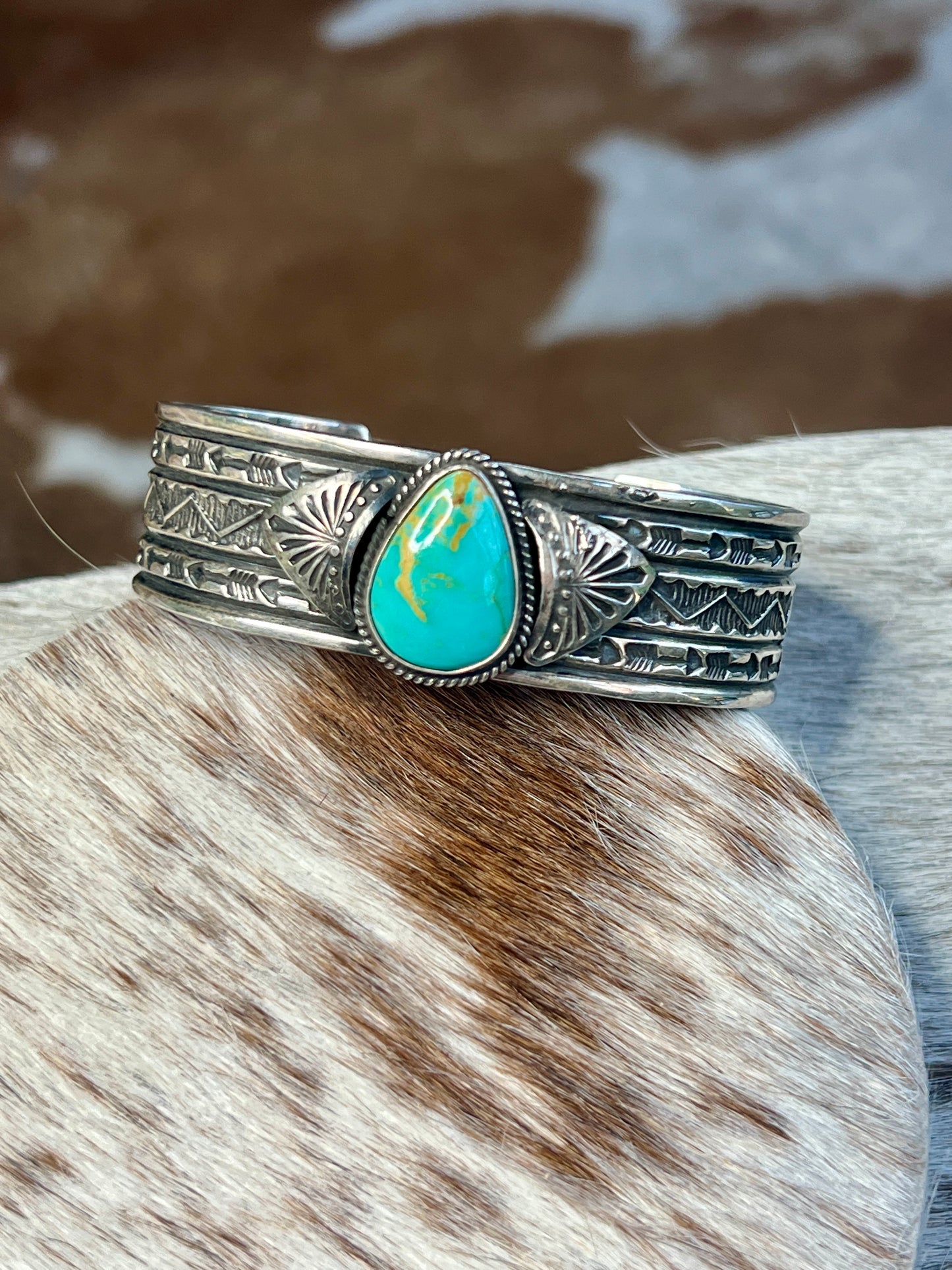 Carico Lake Turquoise Handstamped by Renowned Navajo Artist Sunshine Reeves