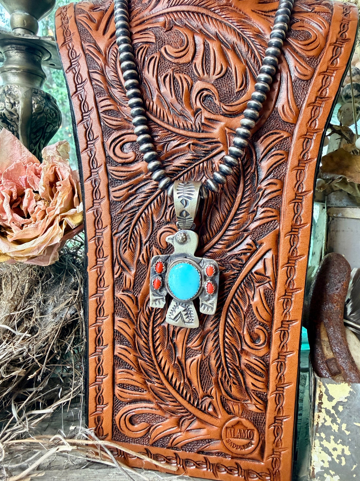 Richard Yazza Turquoise and Coral Thunderbird Pendant