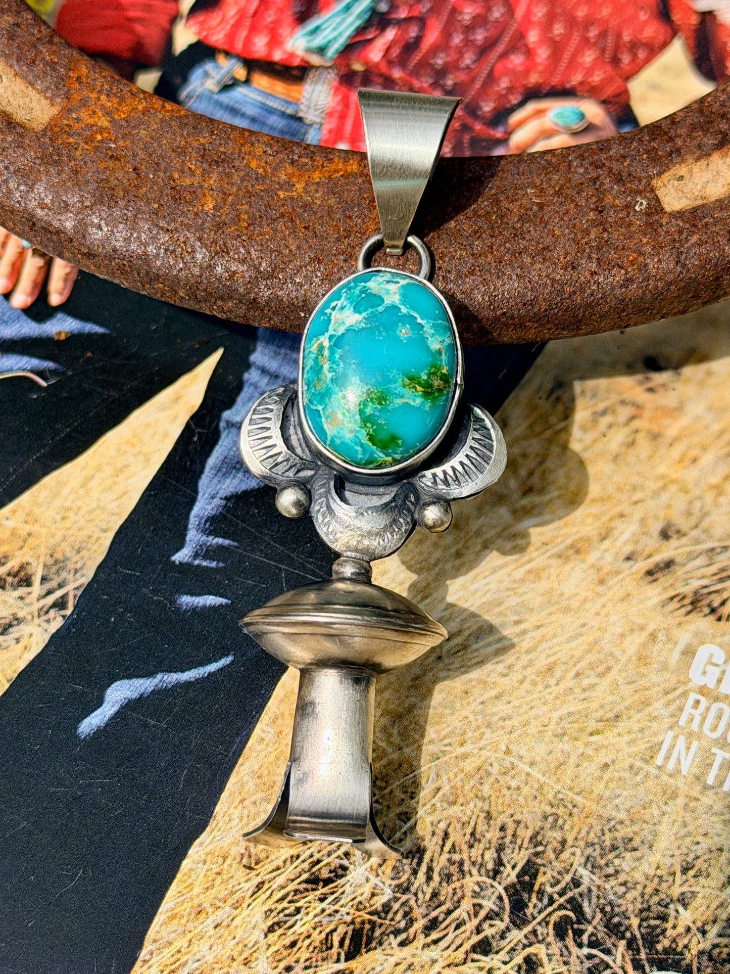 Native Made Sterling Silver & Sonoran
Mountain Turquoise Blossom Pendant