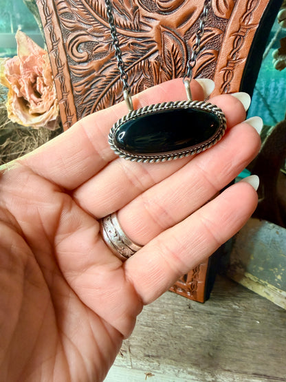 Native Made Black Onyx Oval Sterling Silver Necklace by Freda Martinez