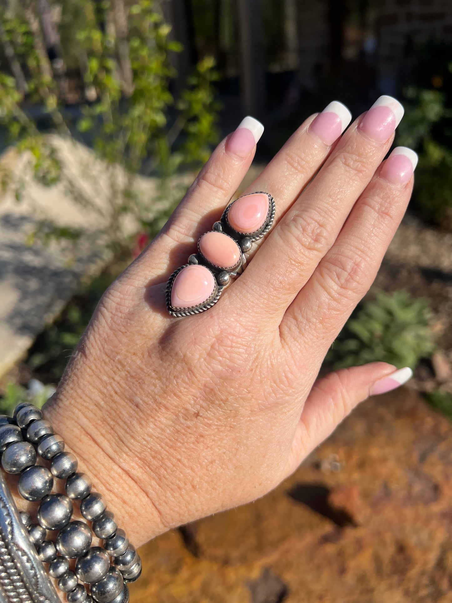 Native Made Queen Pink Conch and Sterling Silver Adjustable Ring by Tia Long