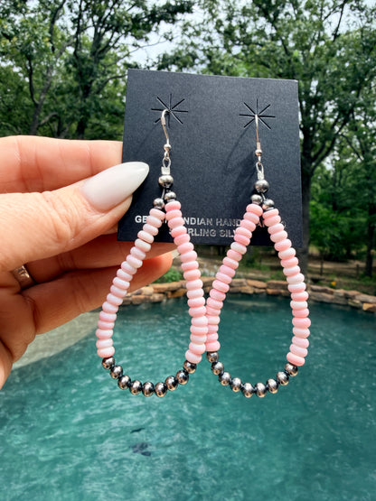 Pink Conch and Sterling Silver Rondelle Bead Hoop Earrings