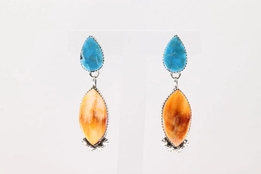 Gorgeous 2 Stone Turquoise and Spiny Oyster Earrings