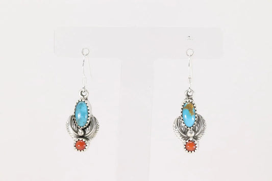 Dainty Turquoise and Coral Earrings by Navajo Artist
