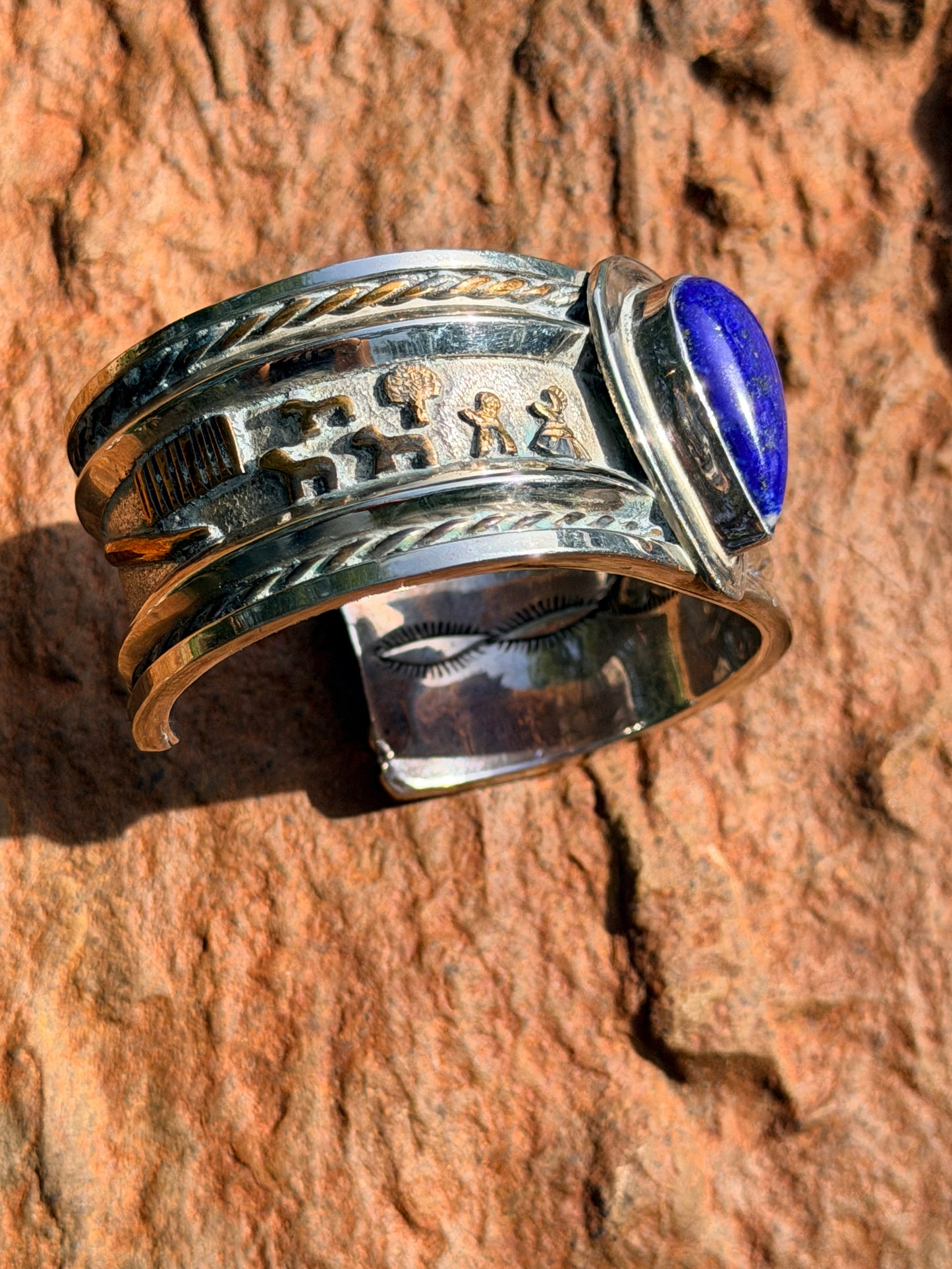 Vintage Navajo Lapis, Gold and Silver Storyteller Cuff