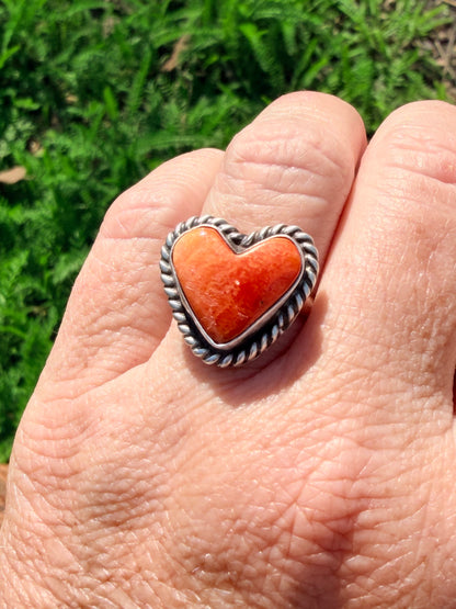Authentic Adjustable Native America Navajo Sterling Silver Orange Spiny Oyster Heart Ring By C. Belone