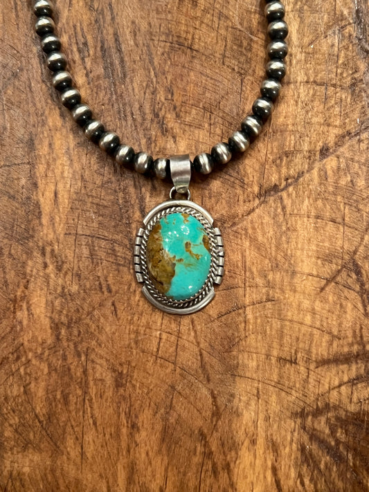 Native American Navajo Sterling Silver Kingman Turquoise Pendant By Freda Martinez