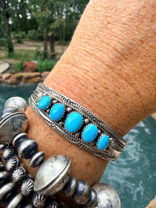 Handcrafted Navajo 5 Stone Turquoise Bracelet