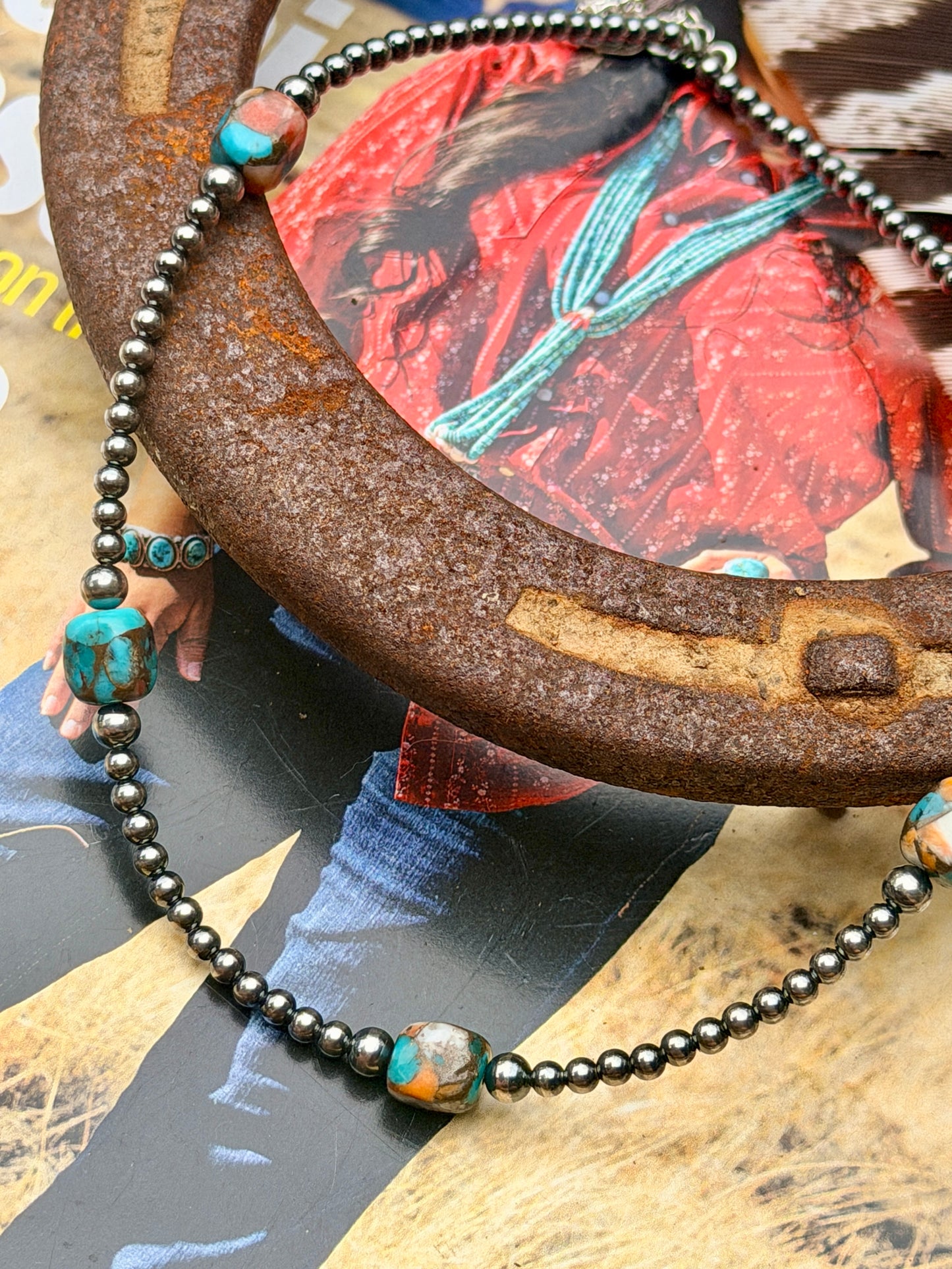 Turquoise & Spiny Oyster Necklace with Sterling Silver Pearls