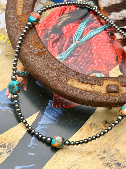 Turquoise & Spiny Oyster Necklace with Sterling Silver Pearls