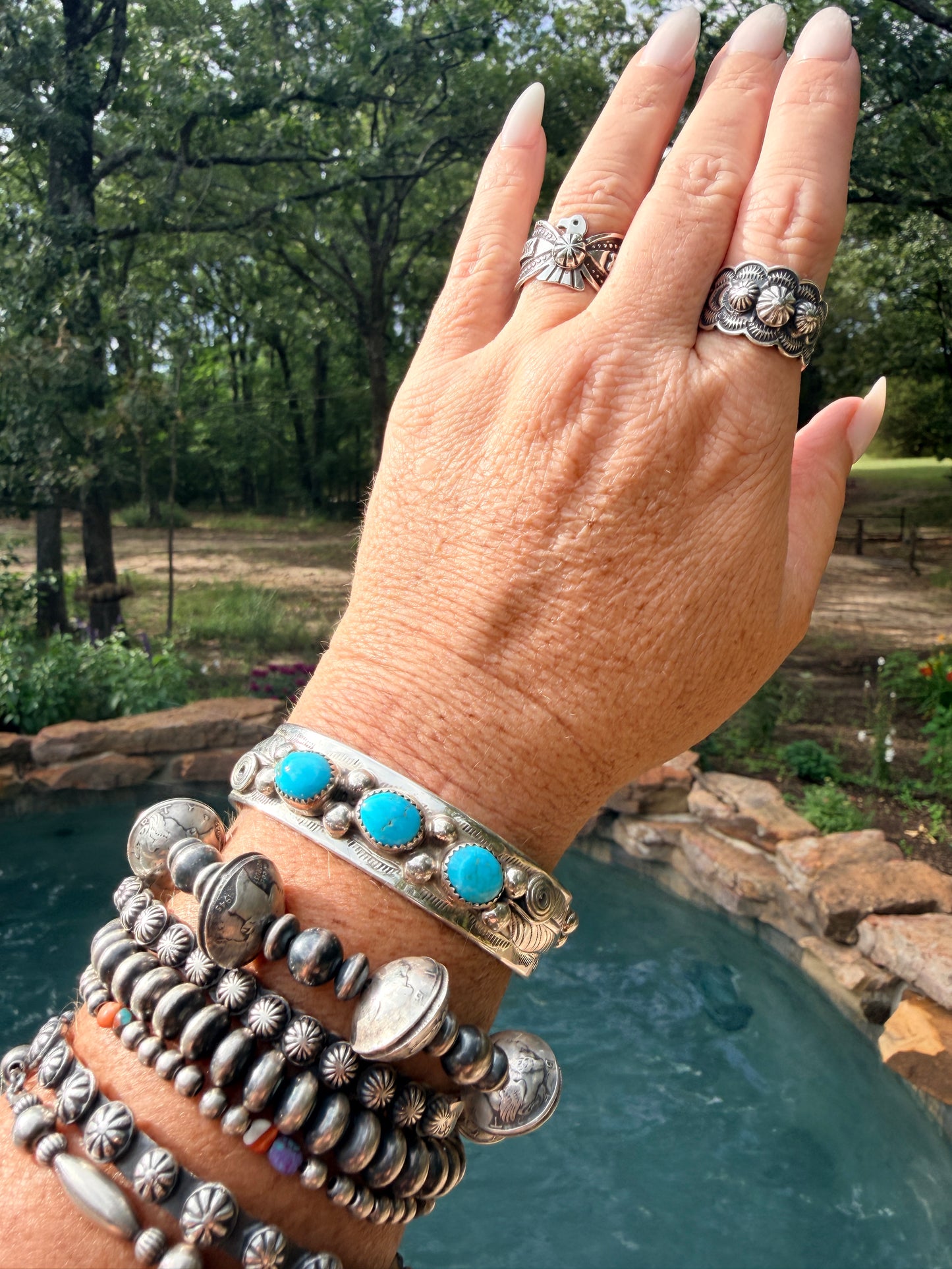 Wilbert Myers Sterling Silver & Turquoise Navajo Bracelet with Three Stones