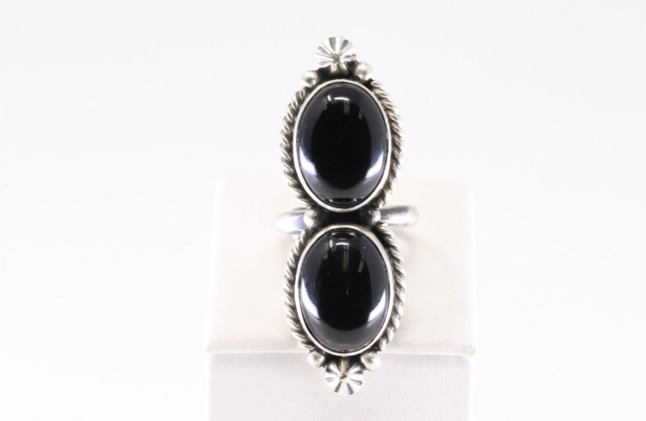 Native Made Sterling Silver Black Onyx Adjustable Ring By Eugene Belone.