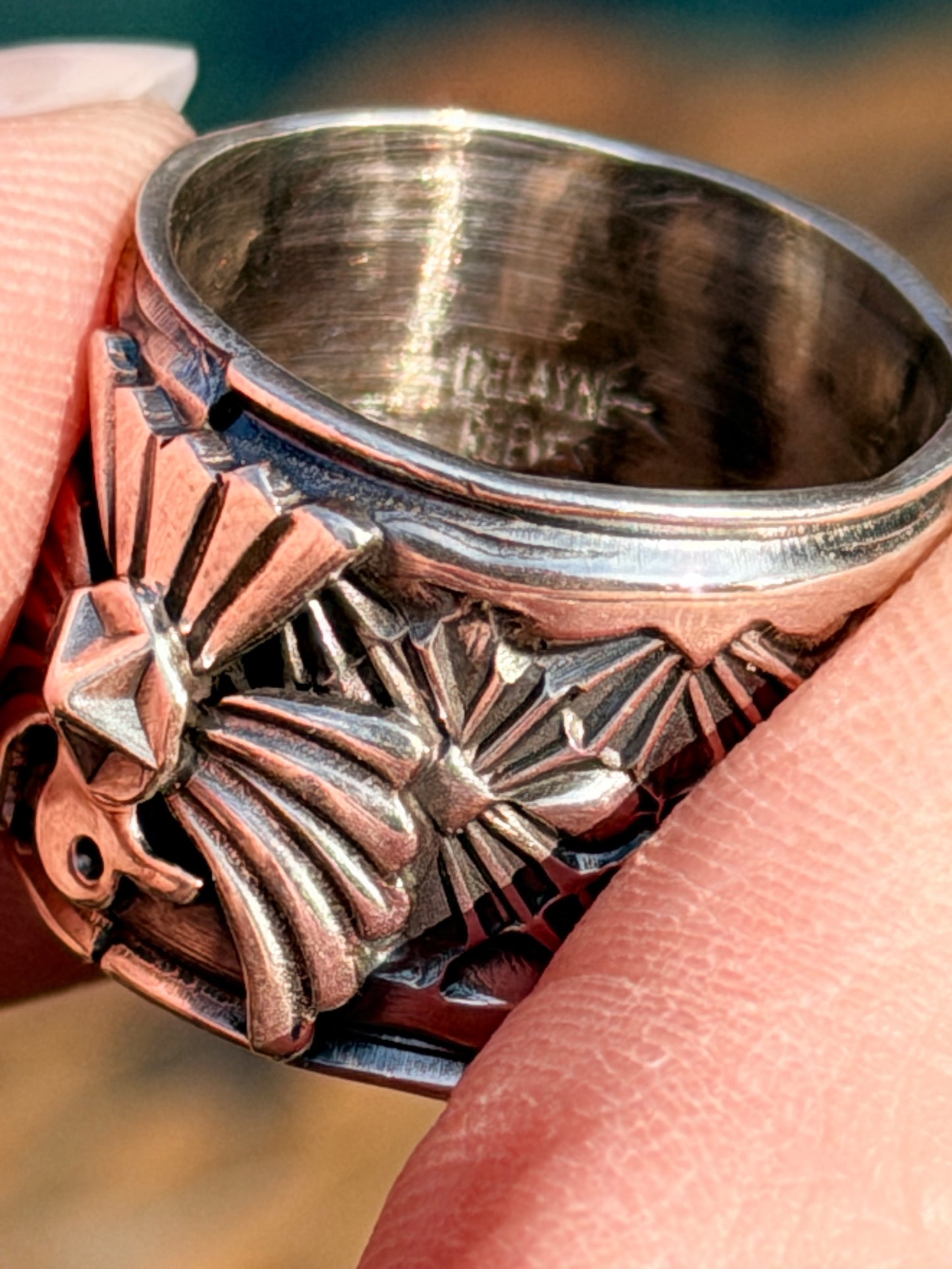 Delayne Reeves Handmade Navajo Sterling Silver Wide Band Ring Thunderbird size 6.5