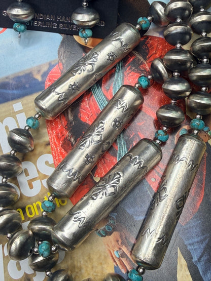 Sharon Cooley 30” Handmade, Handstamped Navajo Pearl Necklace and Earring Set