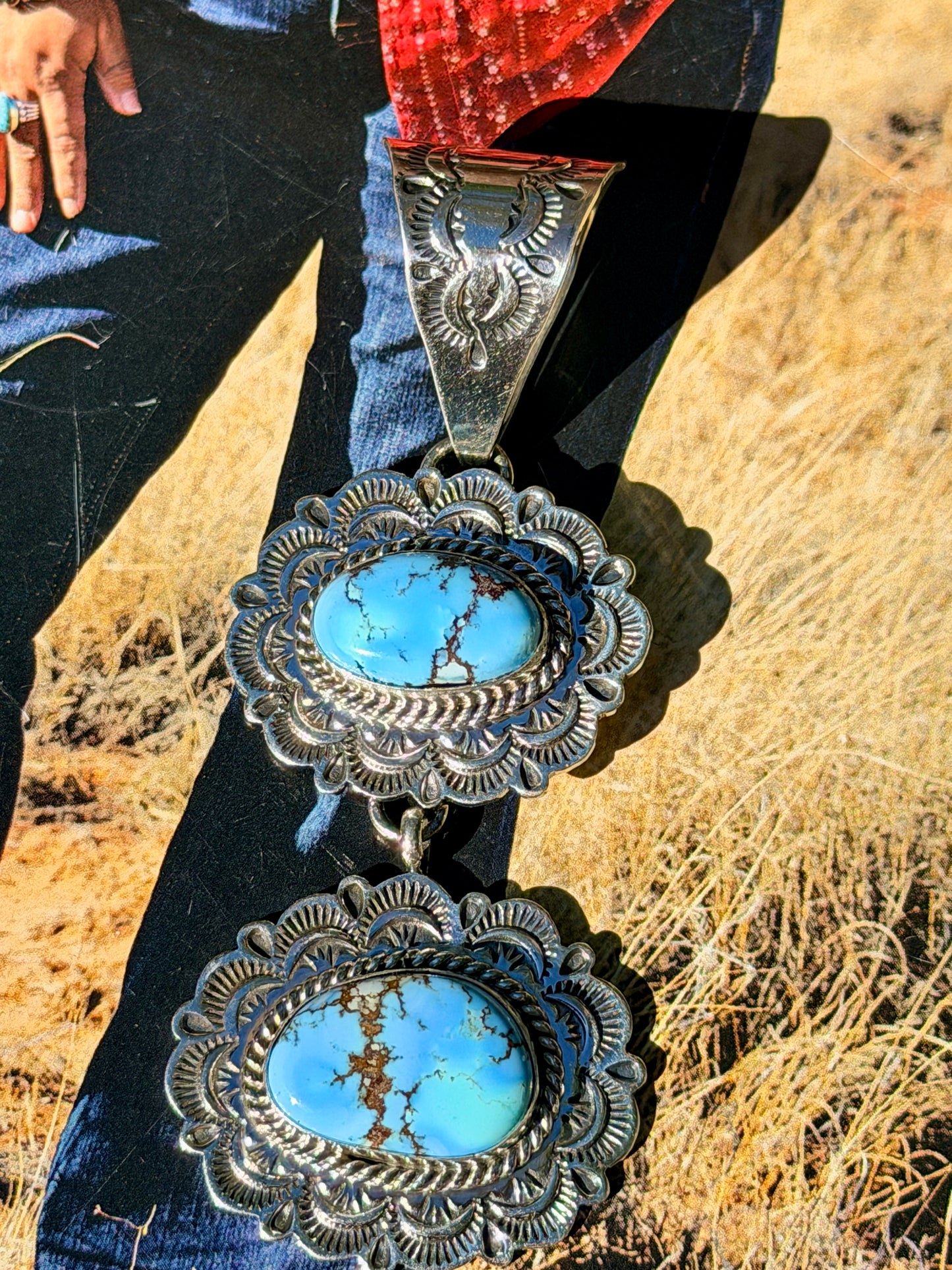 Native Made 2 Stone Golden Hills Turquoise Pendant  by Eula Wylie