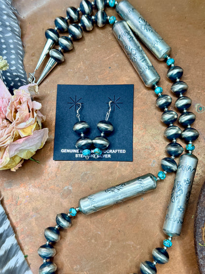 Sharon Cooley 30” Handmade, Handstamped Navajo Pearl Necklace and Earring Set