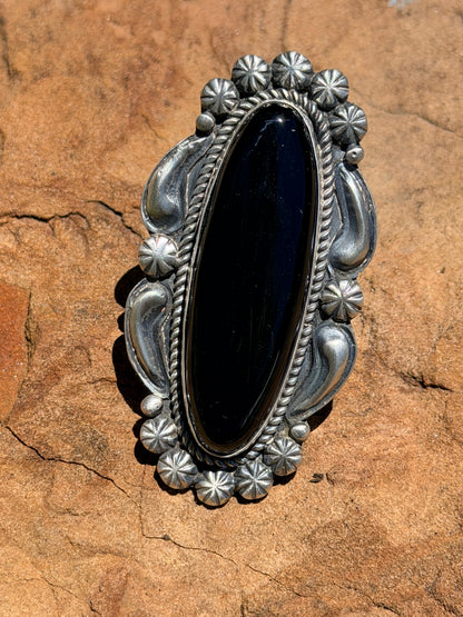 Giant Native Made Black Onyx & Sterling Silver Ring by Jeff James Jr