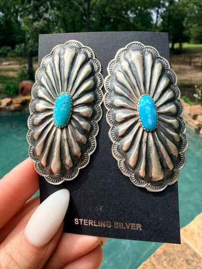 Giant Rita Lee Turquoise & Sterling Silver Post Concho Earrings