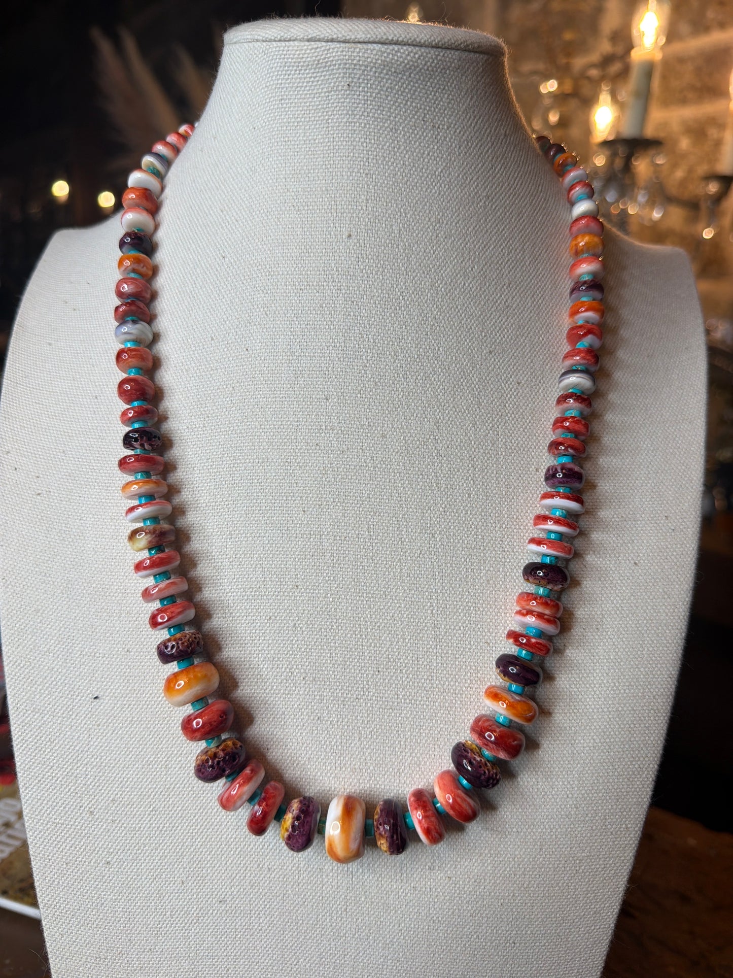 Navajo Handmade Spiny and Turquoise Beaded Necklace 24” by Kimberly Tom