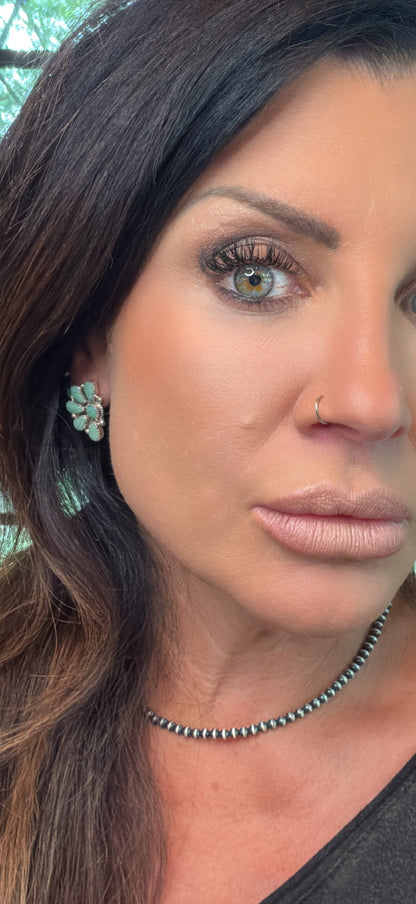 Native Made Green Turquoise Cluster Sterling Silver Post Earrings by Alicia Wilson