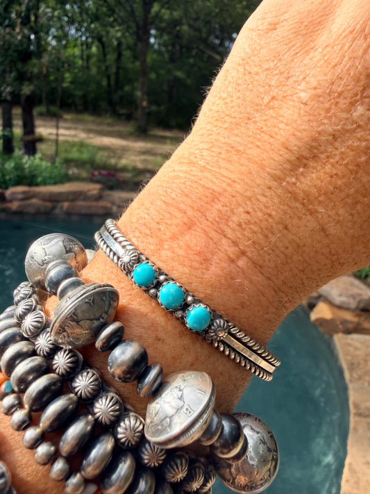 Native Made 3 Stone Turquoise Cuff with Rope Design
