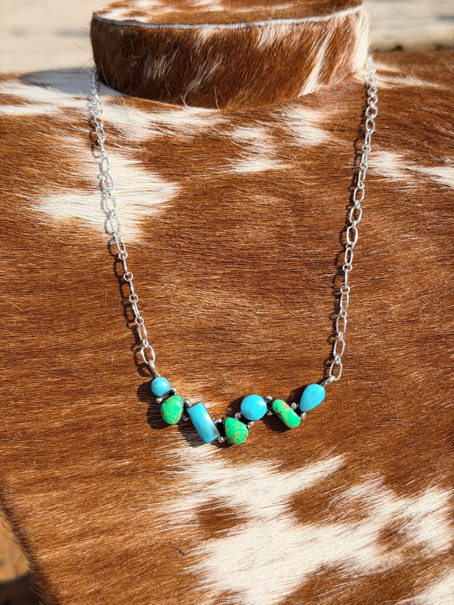 Striking Navajo Green and Bright Blue Turquoise Sterling Silver Necklace by David Lopez