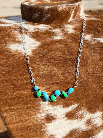 Striking Navajo Green and Bright Blue Turquoise Sterling Silver Necklace by David Lopez