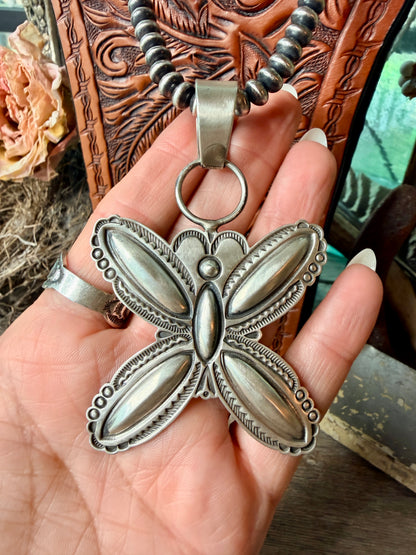 Native Made Large Sterling Silver Butterfly Pendant by Roland Dixson