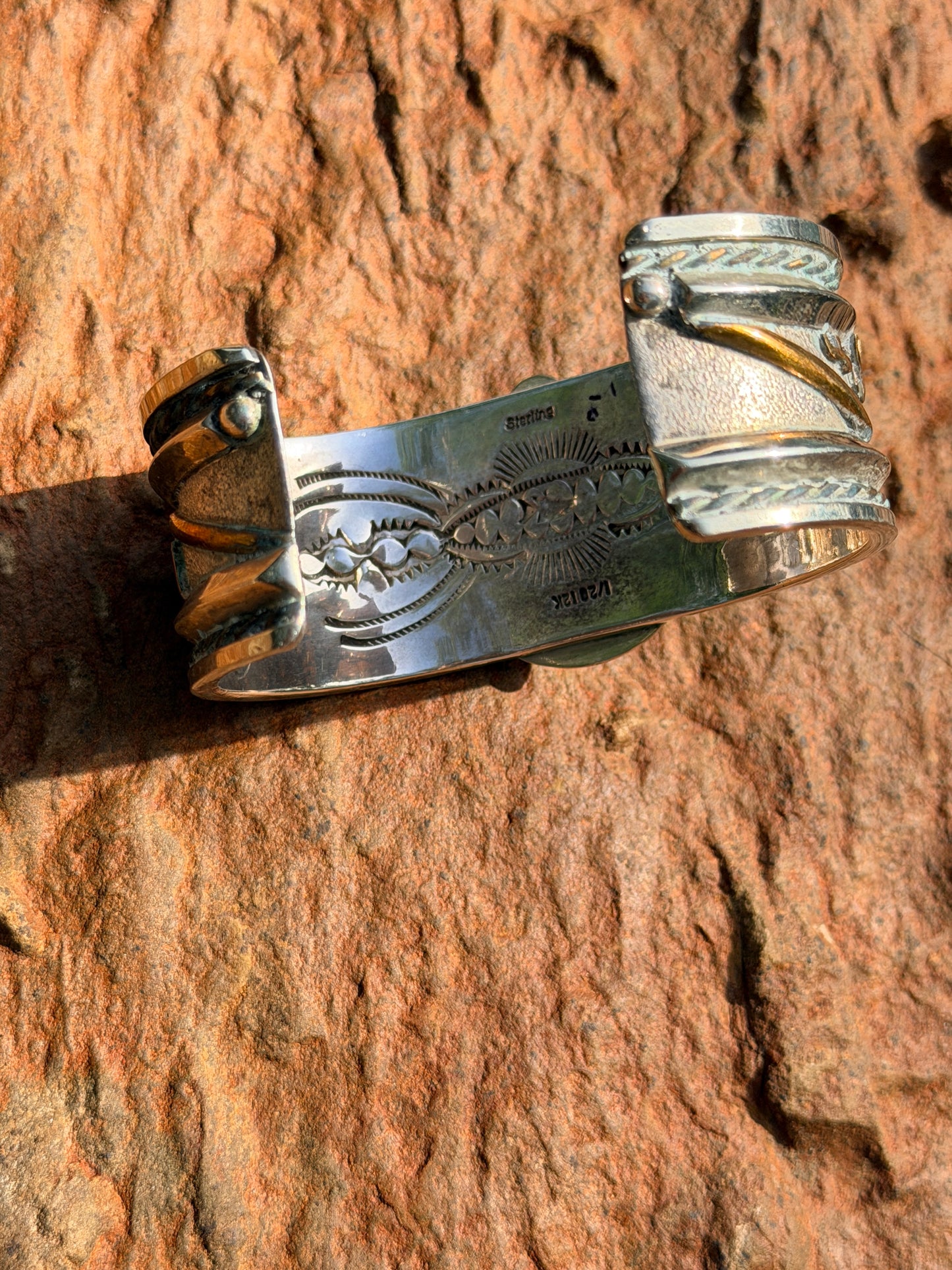 Vintage Navajo Lapis, Gold and Silver Storyteller Cuff