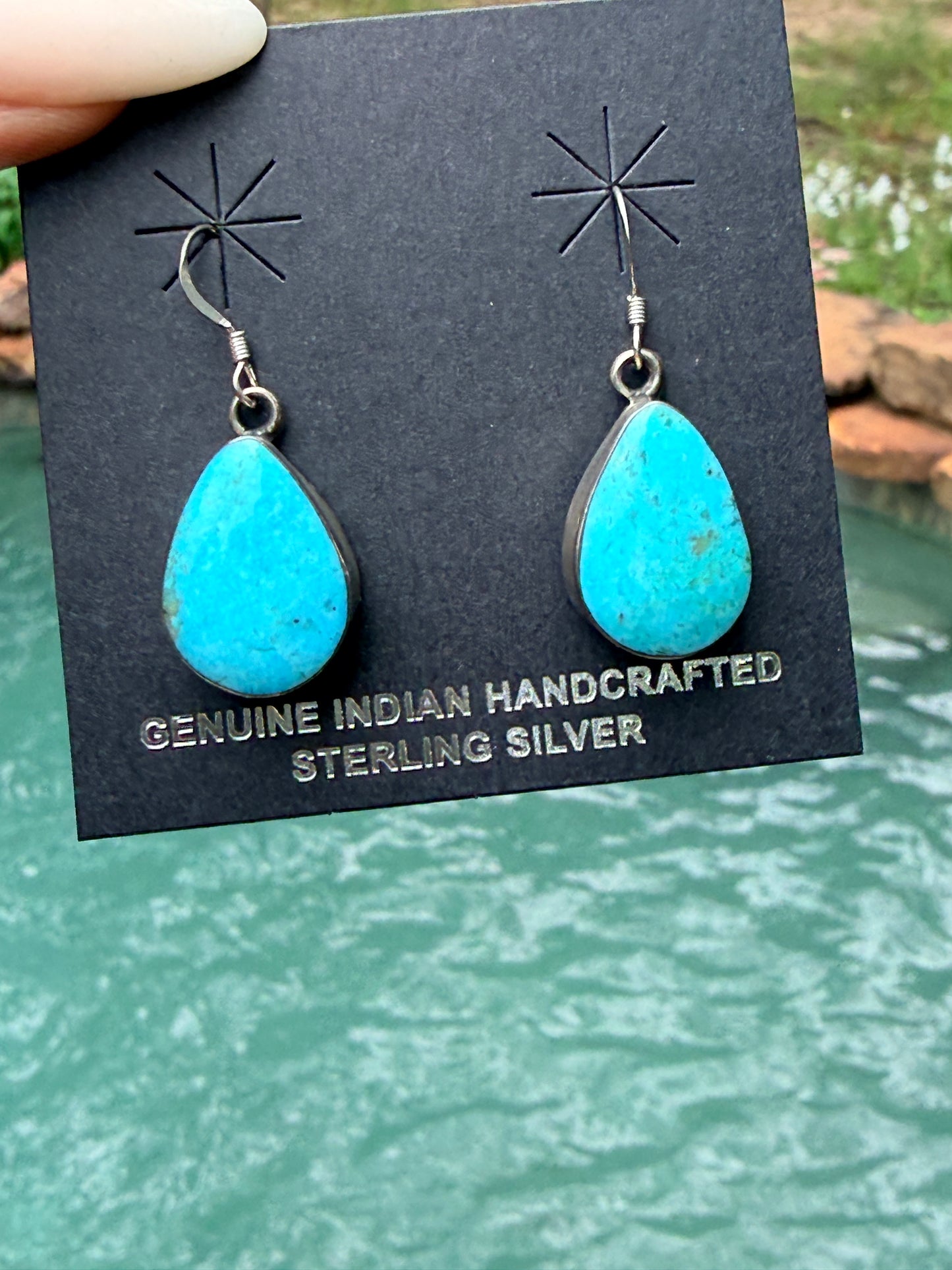 Native made Kingman Teardrop Turquoise Earrings by Sadie Jim