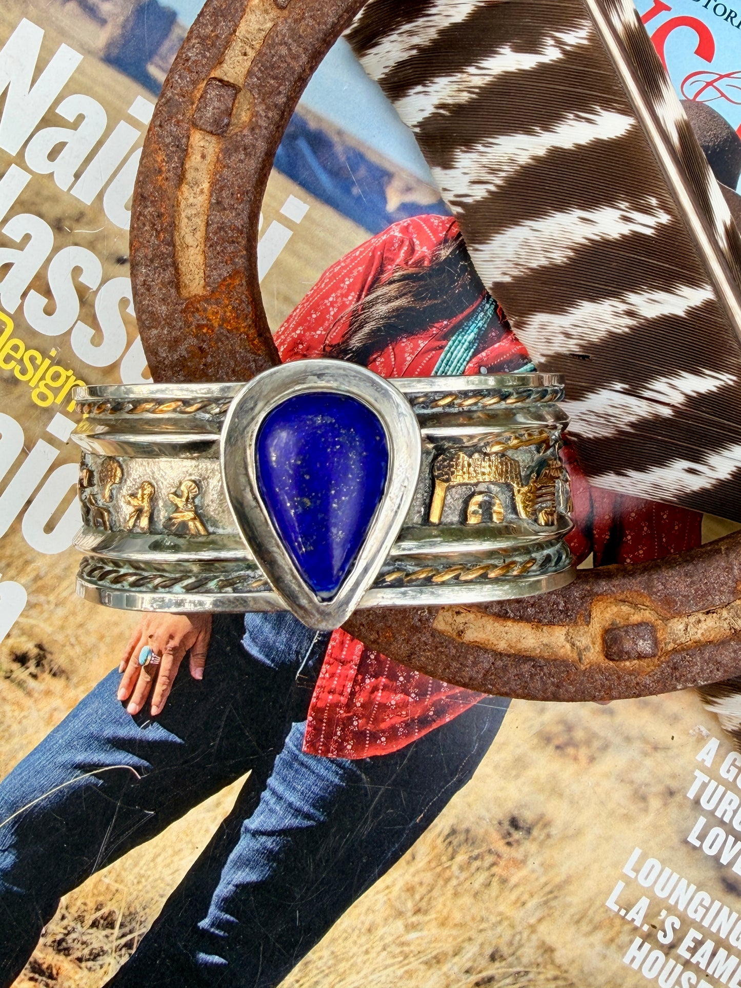 Vintage Navajo Lapis, Gold and Silver Storyteller Cuff