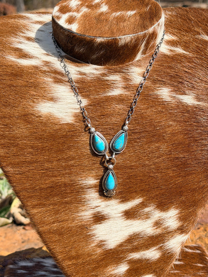 Turquoise and Sterling Silver Lariat Necklace by Running Bear