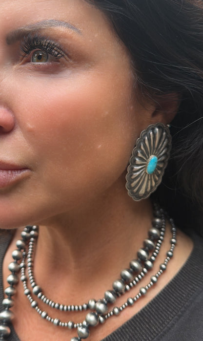 Giant Rita Lee Turquoise & Sterling Silver Post Concho Earrings