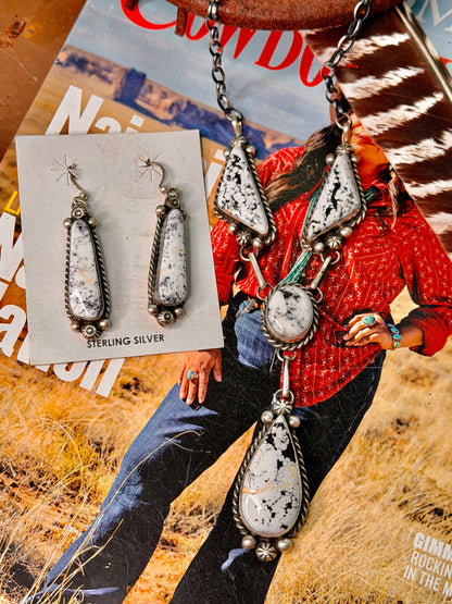 Native Made White Buffalo Lariat Necklace and Earring Set by Augustine Largo