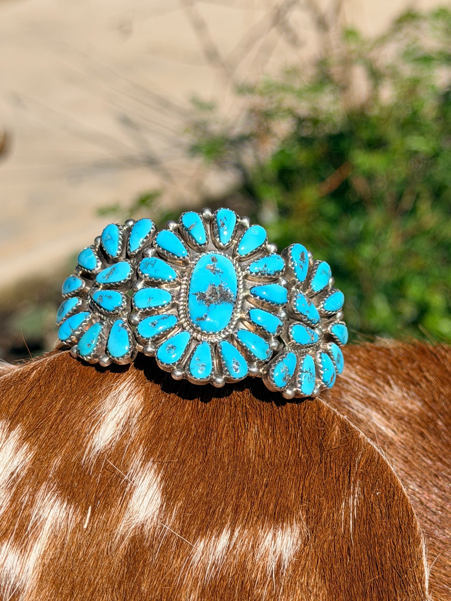 Richardson's Trading Post Signed Vintage Zuni Sterling Turquoise Cluster Cuff Bracelet