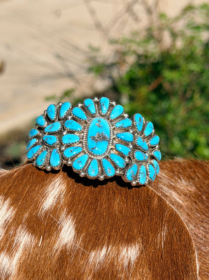 Richardson's Trading Post Signed Vintage Zuni Sterling Turquoise Cluster Cuff Bracelet
