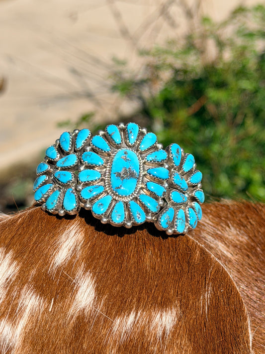 Richardson's Trading Post Signed Vintage Zuni Sterling Turquoise Cluster Cuff Bracelet