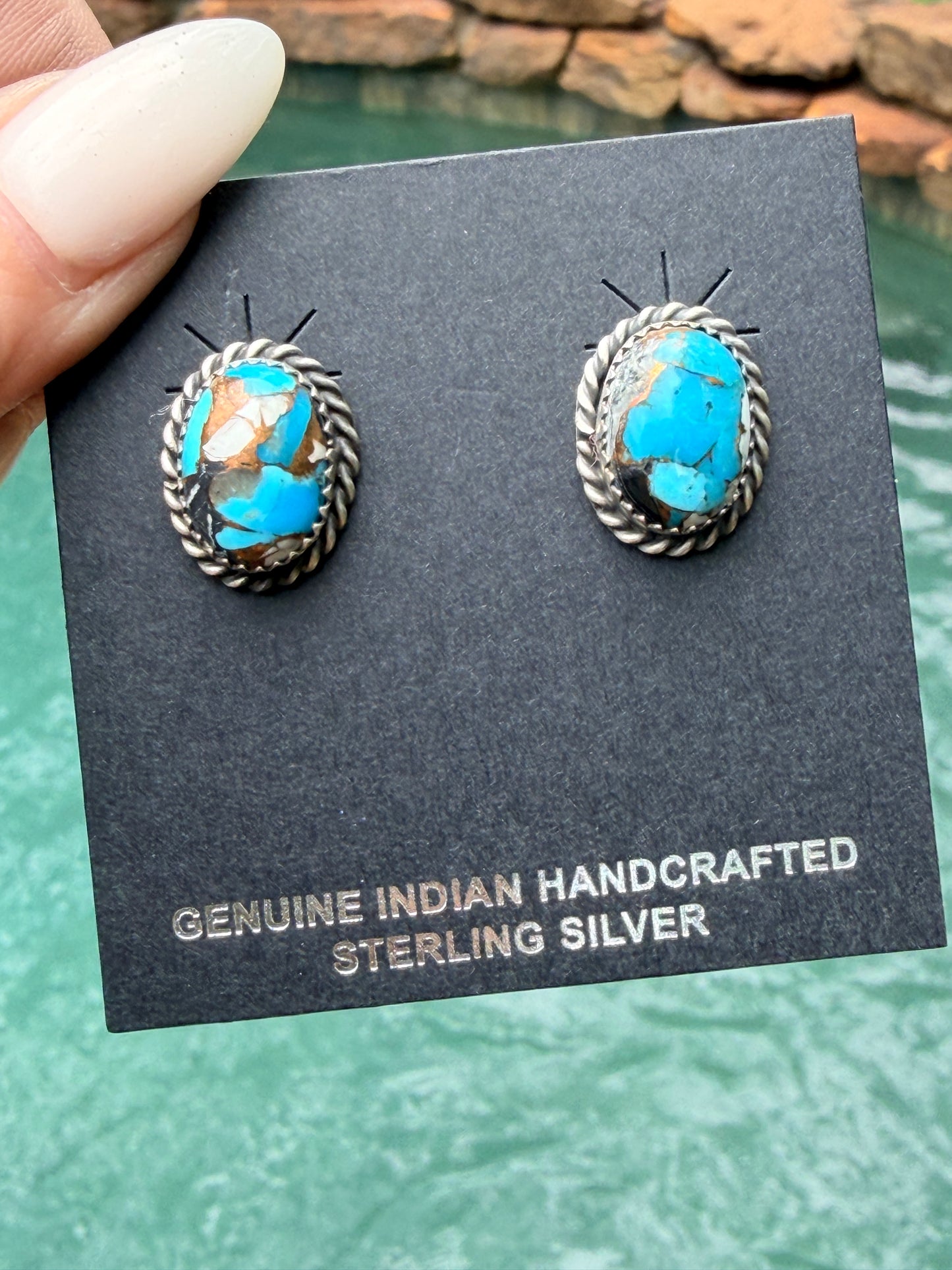 AUTHENTIC HANDCRAFTED STERLING SILVER & BLUE MOJAVE STUD EARRINGS