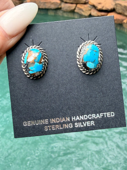 AUTHENTIC HANDCRAFTED STERLING SILVER & BLUE MOJAVE STUD EARRINGS