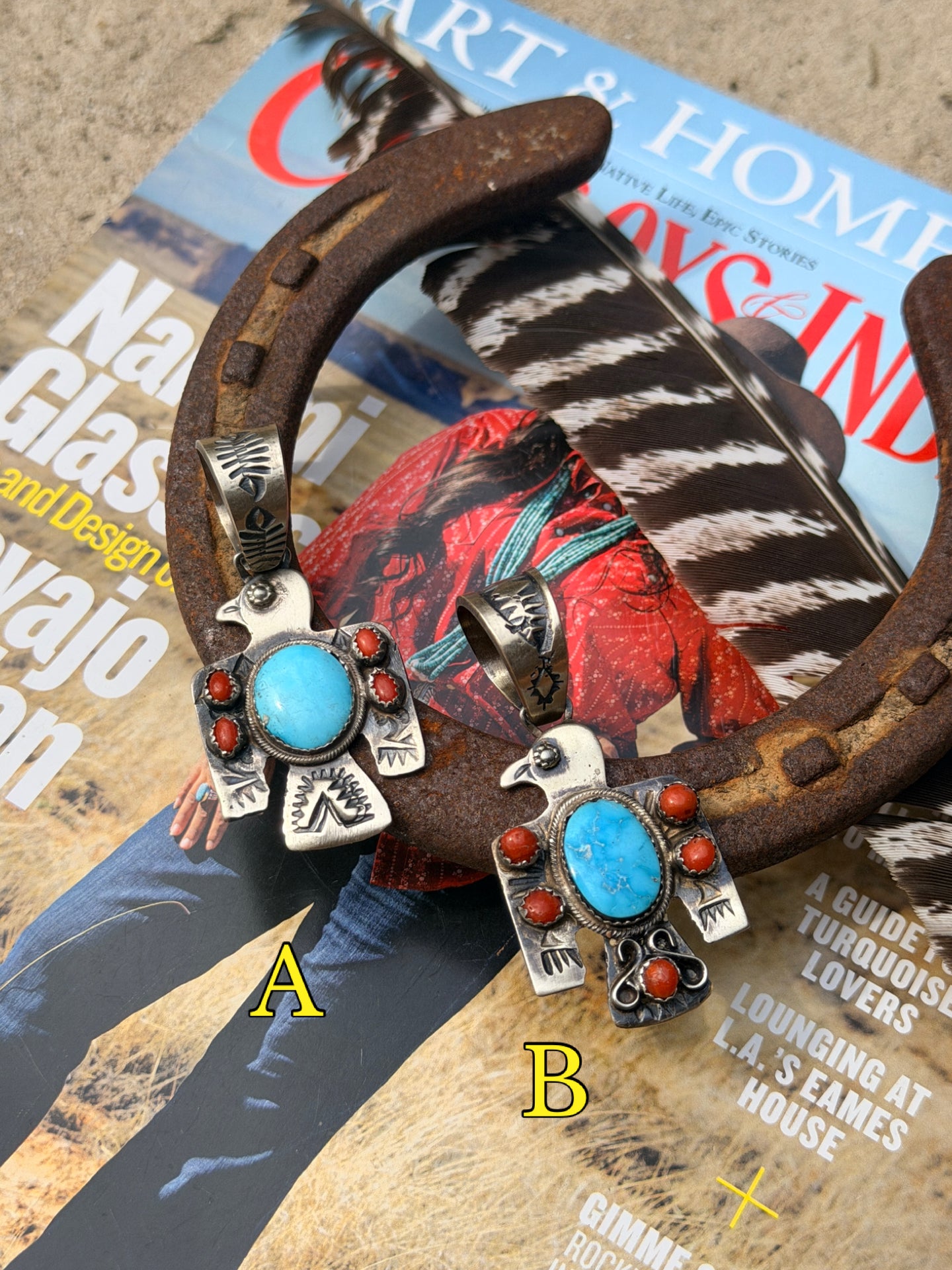 Richard Yazza Turquoise and Coral Thunderbird Pendant