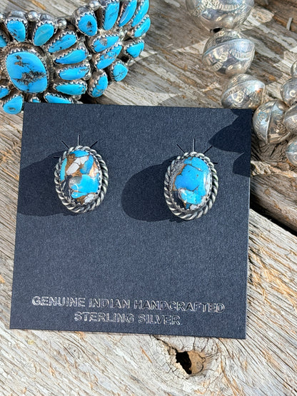 AUTHENTIC HANDCRAFTED STERLING SILVER & BLUE MOJAVE STUD EARRINGS