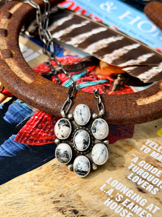 Native Made White Buffalo Cluster Necklace by Travis Jenson