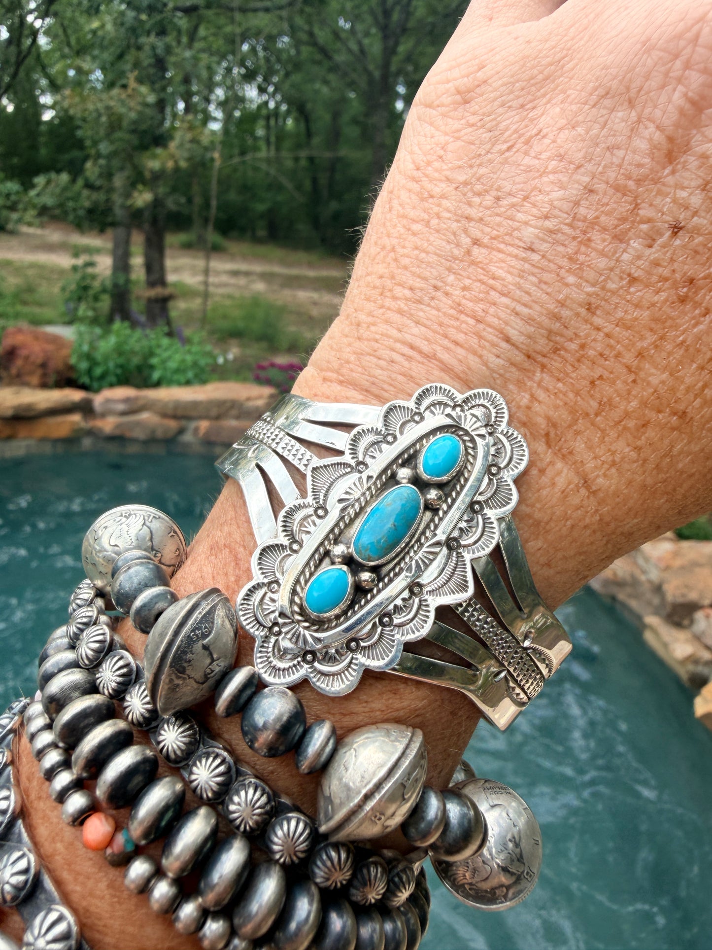 Native Made Silver & Turquoise Handstamped Bracelet by Eula Wylie