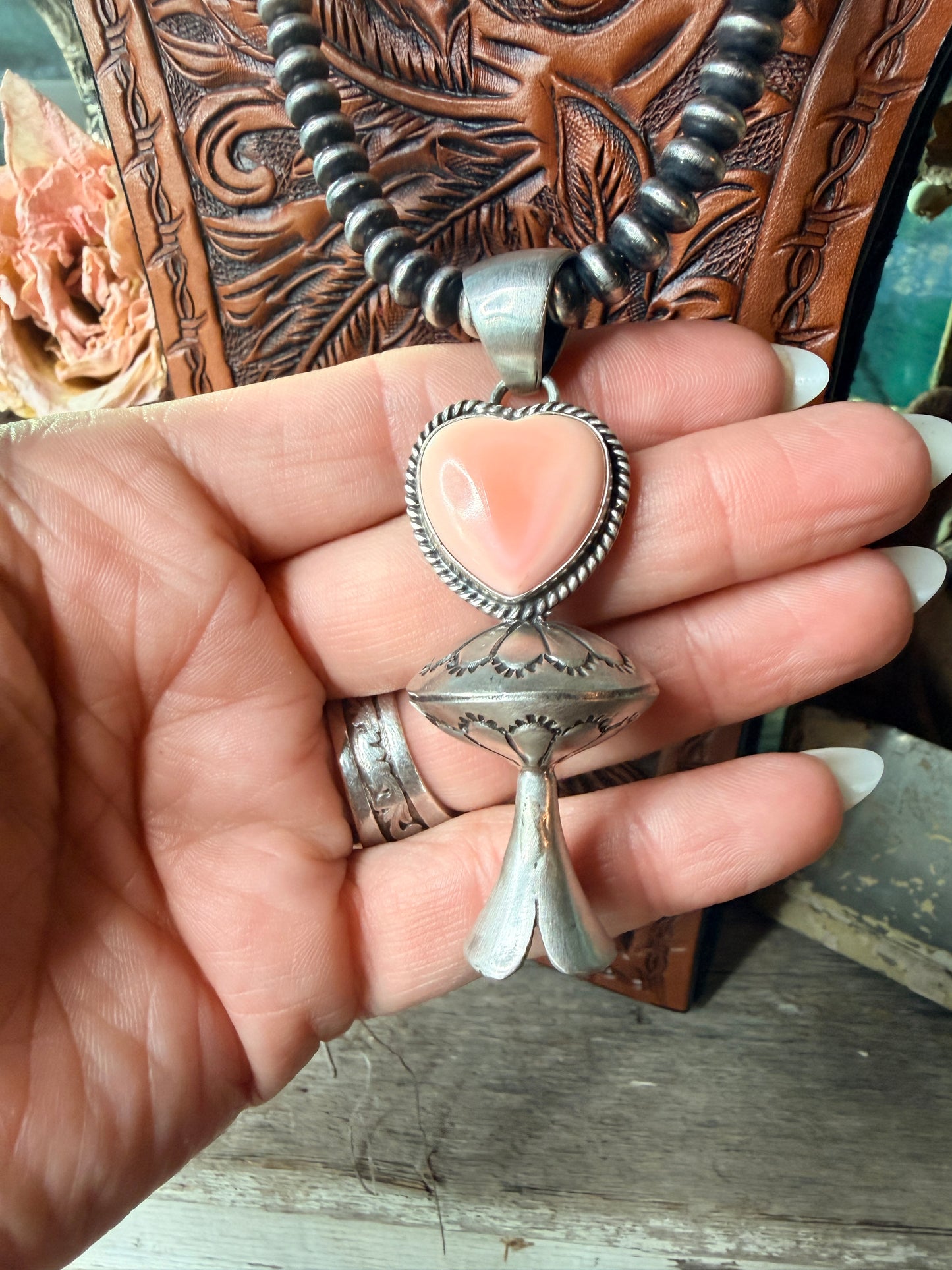 Native Made Queen Pink Conch Heart Blossom Pendant by Jon McCray