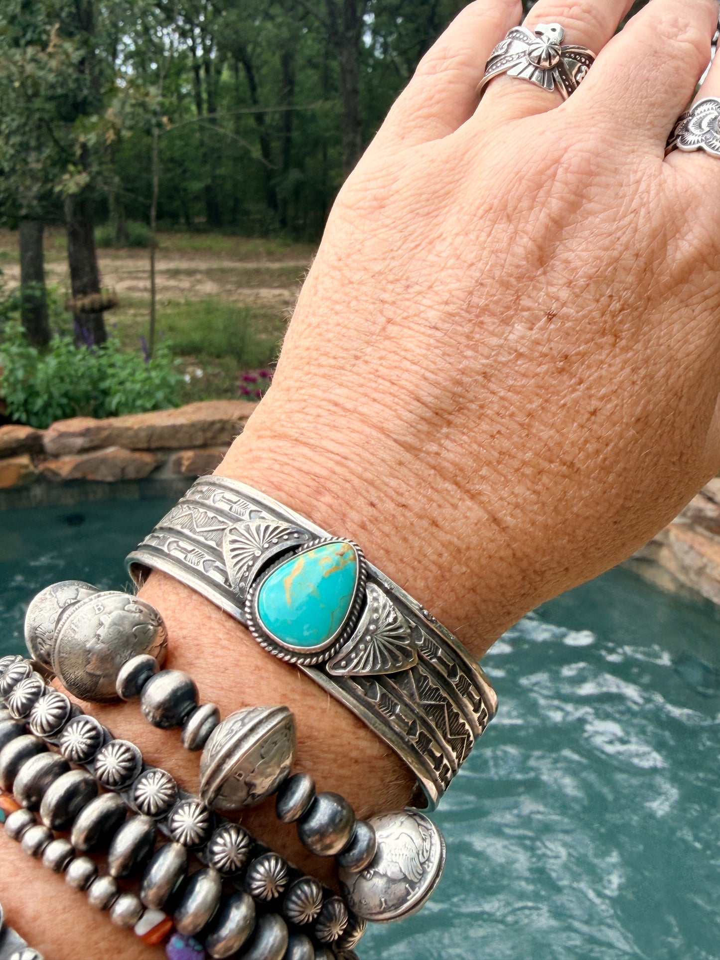 Carico Lake Turquoise Handstamped by Renowned Navajo Artist Sunshine Reeves