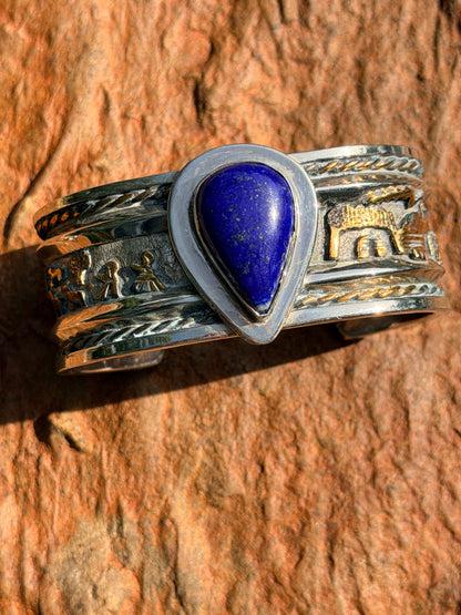 Vintage Navajo Lapis, Gold and Silver Storyteller Cuff