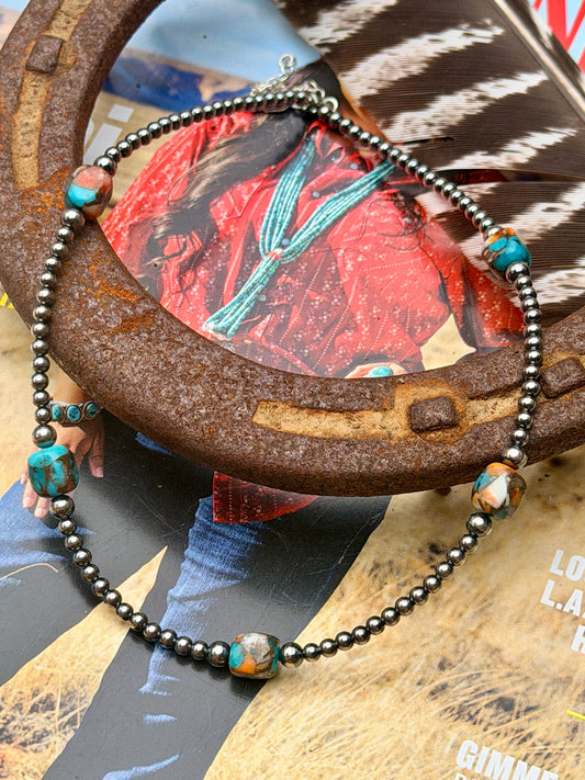 Turquoise & Spiny Oyster Necklace with Sterling Silver Pearls
