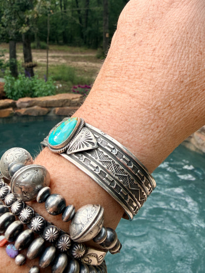 Carico Lake Turquoise Handstamped by Renowned Navajo Artist Sunshine Reeves