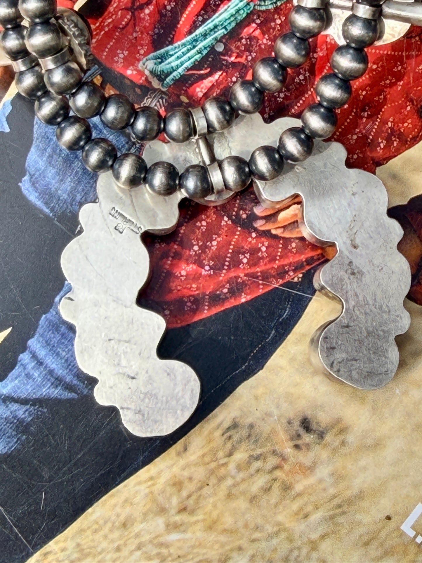 Native Made White Buffalo and Turquoise Squash Blossom Necklace and Earring Set